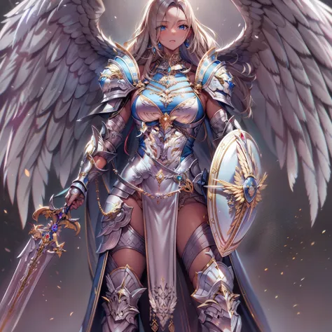 (masterpiece), (best quality), (ultra-detailed), female angelic warrior, silver armor, armored, full body, beautiful, fierce, ho...