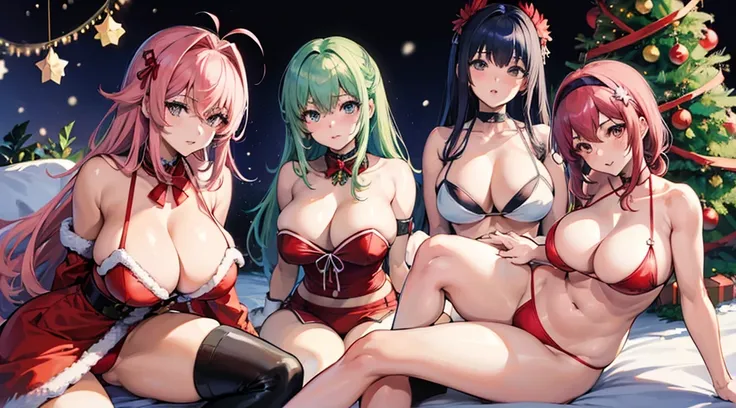 anime (Kampfer), teen lady , sexy (very big boobs), actress (Natsuru Senou (female form), Kaede Sakura, Mikoto Kondou, Akane Mishima, Shizuku Sango) , christmas day , red bikini , The four of them held a Christmas party at the big house.