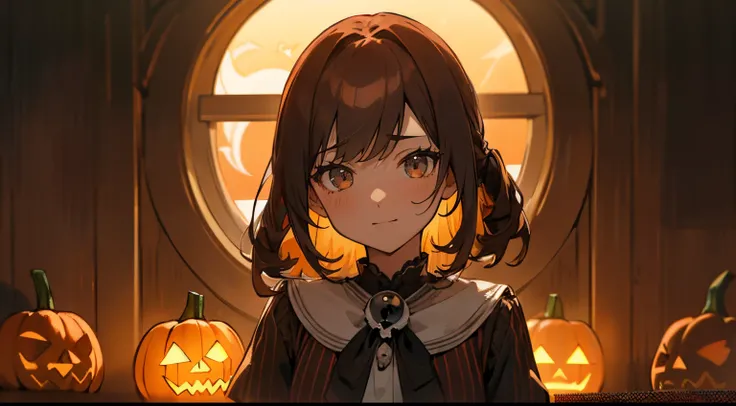 ((tmasterpiece:1.4、topquality)) 、(Close up portrait of smiling 18 year old woman in Halloween costume、The entrance is decorated with pumpkins and other decorations..、smiling and looking at the camera、Bright world、In a monotonous suit with images of ghosts ...