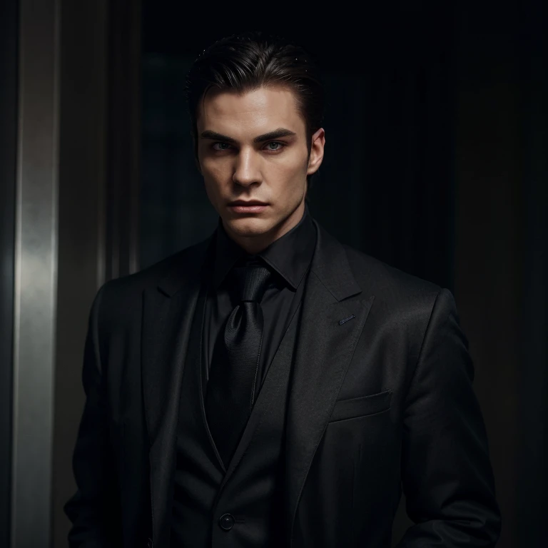 A tall youthful male vampire with a lean build possesses piercing, mesmerizing eyes that command attention. His well-defined, strong jawline exudes both strength and charisma, harmonizing with a balanced and symmetrical facial structure. Sporting a formal ...