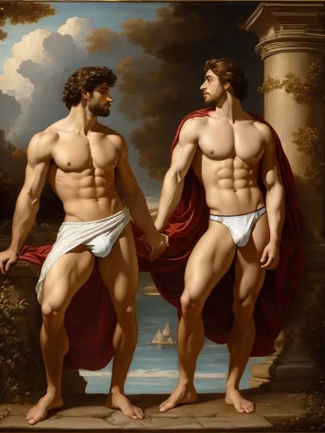 full body, Oil painting Renaissance style, two attractive youthful ((Italian men kissing)), Italian, man, mythology, perfect composition, golden ratio, abs, chest, centered, full body, perfect composition, ((white Briefs, big Bulge)), by Alexandre Cabanel,...