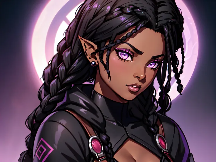 An (African-American) female, with long dark (black braids), purple eyes, dark (brown skin), (pointed ears), (slutty assassin), (sexy) black attire, (lust) demon, (Sci-fi) fantasy, (close-up shot), perfect composition, 4K, high quality, (perfect eyes), tre...