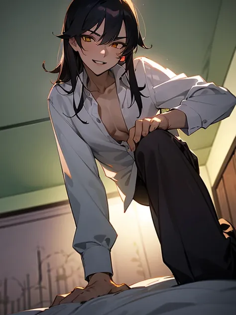 (1 Boy), solo, dark hair, (white shirt), black slacks, on sheets, Long Sleeve Shirts, kneeling, seiza, cool, (sexy:1.3), Fascinating, (evil smile), seductive smile, [open mouth], {lick ones lips}, (parted lips),collarbone, (shoot from below), (from below:2...