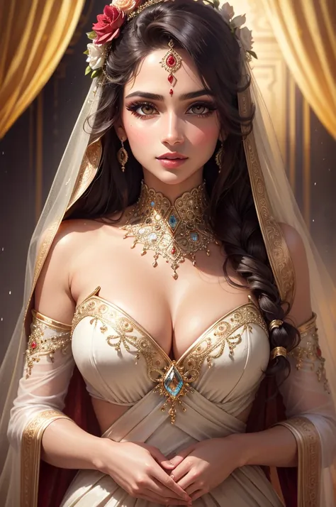 beautiful facial features, colorful Indian bride, intense makeup, realistic skin texture, hyper-detailed facial expressions, vibrant colors, sharp focus, transparent and flowing veil, elegant poses, luxurious and elaborate decorations, blooming flowers in ...