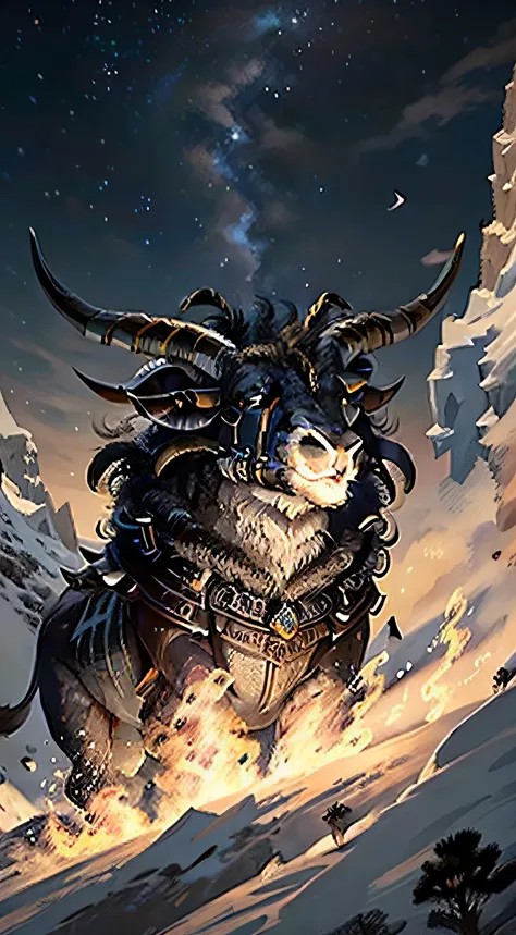 Close-up of a ram with large horns in the sky, aries fiery ram tarot, Deusa Carneiro com chifres, Chifre de Carneiro, foto de perfil pessoal, mystic sheperd, Chifre de Carneiro, Dreaming of electric sheep, unknown zodiac sign, astral appearance, Beeple e J...