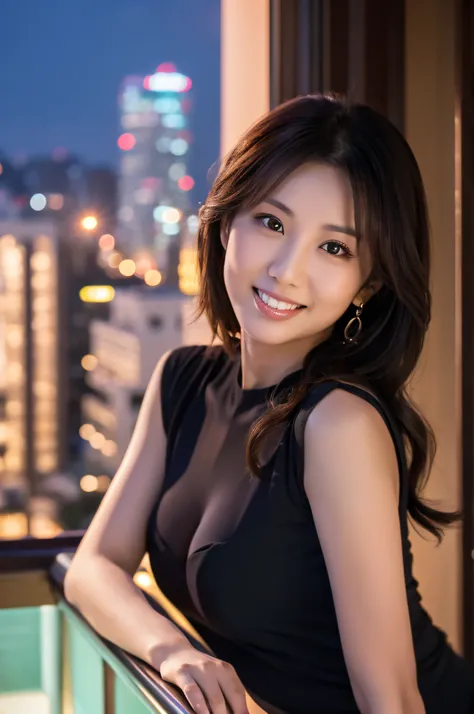 Highest resolution, 4K, Masterpiece: 1.3), A Japanese milf, photo of one lady, Sexy: 1.1, fine eyes, Slender figure, Realistic teeth, double eyelids, full body, best quality, detailed, beauty, a married woman, at the balcony, night