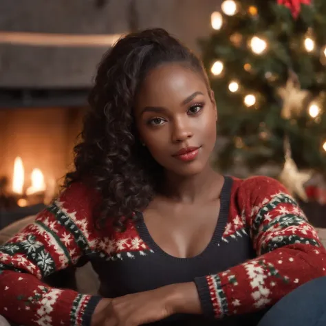 ((Very Dark African skin, Very deep ebony skin)), ((Its beauty undeniable)), ((Excited cute face)), ((Hyper detailed perfect eyes,)), ((pose mignonne)), ((Langue sortie)), ((Seductive )), sexy, (( Warm red Christmas sweater ), red jumper)), ((Afro ponytail...