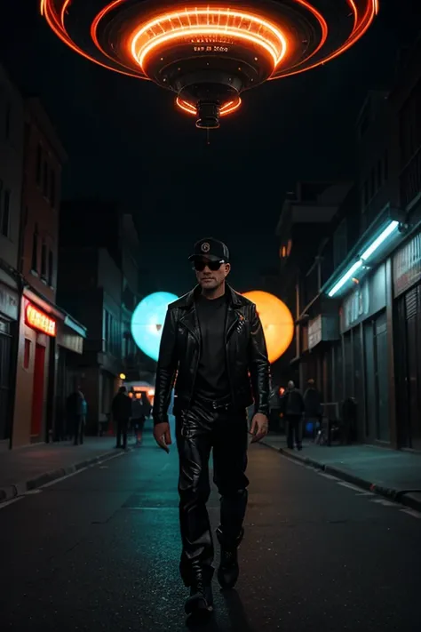 En la noche, en un ambiente futurista, there is a 50 year old man with a cap and black sunglasses, calvo, Full-length cyberpunk style dress in black leather with pants and jacket next to a very aerodynamic cyberpunk style futuristic flying saucer vehicle, ...