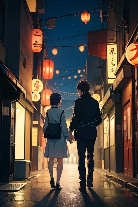 Anime scene of a man and a woman walking down a dark alley, anime scene, ( ( Xinhai sincerely ) ), Tokyo anime anime scenes, On the streets at night, Xinhai sincerely. —h 2160, Xinhai sincerely!, Japanese town at night, Makoto Shinkais style, Opening scene...