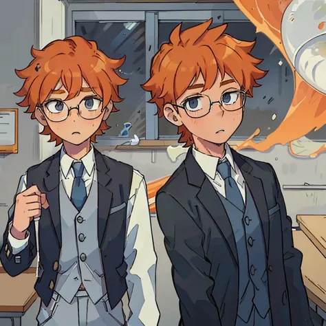 Boy. GINGER hair. CURLY hair. LIGHT GREEEN eyes. School uniform (black suit jacket, white buttonup, blue vest under). Tooth gap. CIRCULAR glasses. BRIGHT ginger/orange hair. 20 years old