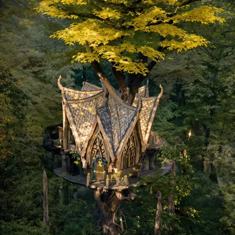 photo of a tall tree with yellow glowing leaves, there is a ghotic treehouse on a tree, medieval, it radiates a positive mood here as the weather is nice and the sun is shining through the leaves of the trees, photorealistic, high quality, golden sacred tr...