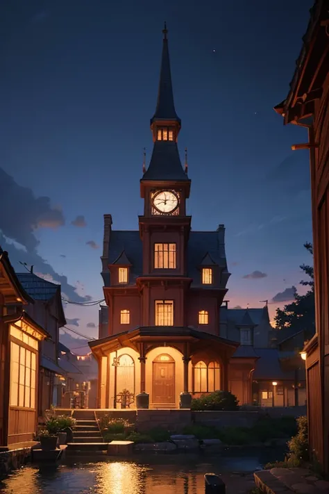 A nighttime view of a house with a prominent clock in the foreground. The house is depicted in a mesmerizing anime art style, reminiscent of the works produced by Madhouse Studio. The atmosphere is filled with the grandeur and dramatic lighting commonly fo...