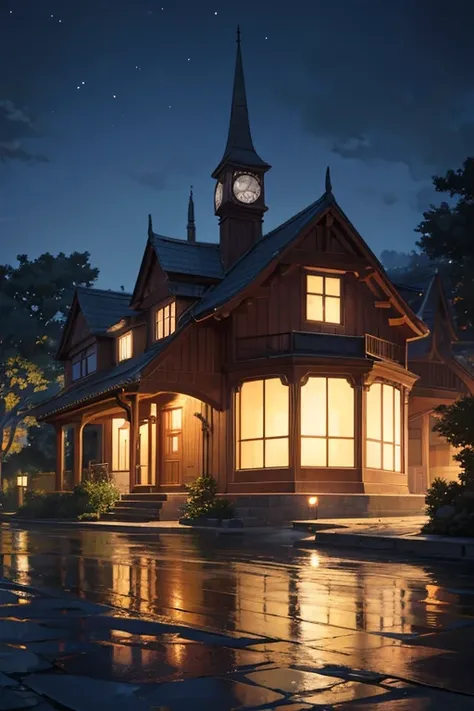 A nighttime view of a house with a prominent clock in the foreground. The house is depicted in a mesmerizing anime art style, reminiscent of the works produced by Madhouse Studio. The atmosphere is filled with the grandeur and dramatic lighting commonly fo...