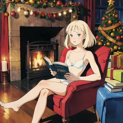 superflat, flat shading, flat colors, masterpiece, best quality,, 1girl, 10yo, loli, petite, sitting in chair, reading book, white bra, white panties, christmas tree in background, room, warm, cozy, fireplace, evening, dark, christmas lights, vibrant color...