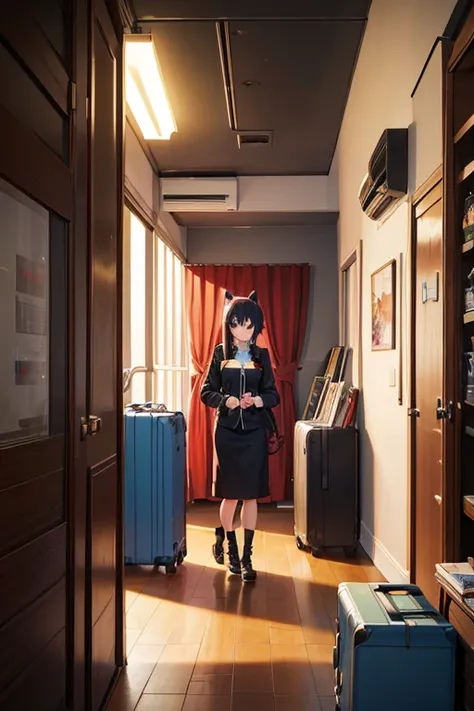 There are many suitcases lined up in the building, VA-11 Hall-A, Madhouse Studio anime style, in the anime film《erg》curled, Opening scene, anime scene, ( ( Xinhai sincerely ) ), In anime series《Therefore》curled, Kuro anime screenshots, Tokyo anime anime sc...