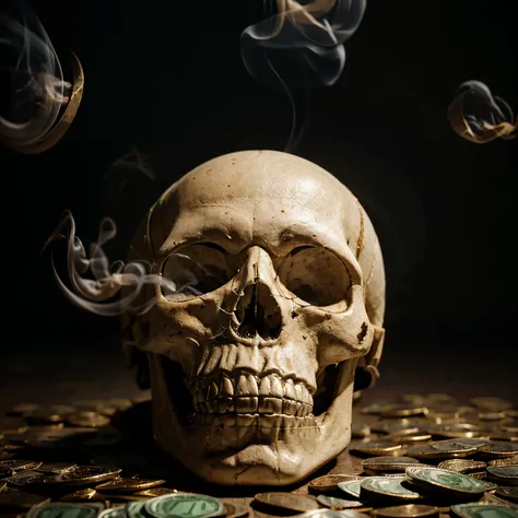 Skull with monies in dollar floating and smoke around in 4K resolution