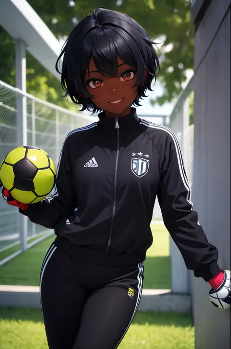 (highres:1.2),,(goalkeeper),solo,black girl,short hair,smiling,slacks,sporty clothing,soccer field,diamond,multicolored hair,mul...