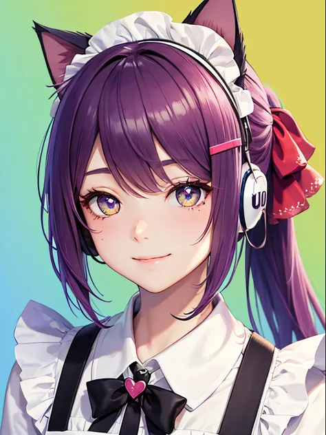 rainbow hair, ponytail, hairclip, hair ribbon, hair bow, maid headdress, goggles, mole under eye, heart-shaped pupils, cat ear headphones, bored, (jitome:1.5), smile