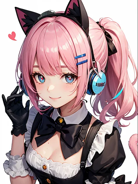 rainbow hair, ponytail, hairclip, hair ribbon, hair bow, maid headdress, goggles, mole under eye, heart-shaped pupils, cat ear headphones, bored, (jitome:1.5), smile