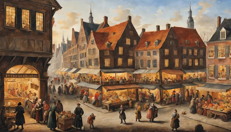 A lively marketplace in the 17th century Netherlands, with people bustling about, stalls with a variety of goods, and a warm atmosphere, inspired by Pieter Aertsen, using oil painting techniques, watercolor by yukisakura