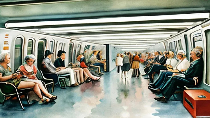 in der New Yorker U-Bahn-Station der 1940er Jahre, Eine nackte, pale woman sits on the floor with her legs wide open and shaved pussy, Older men and women look on in outrage, Volle Frontalansicht, lebendiges Aquarell, white background,