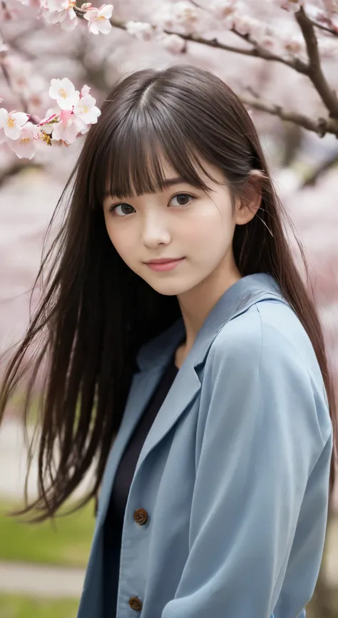 (slender small breasts and long hair,,,,,,,,、Close up portrait of one girl with dull bangs in spring coat and shirt :1.5)、(Low angle shot of a girl dancing happily、the hair flutters with the wind :1.5)、(Rows of cherry blossom trees in full bloom and cherry...