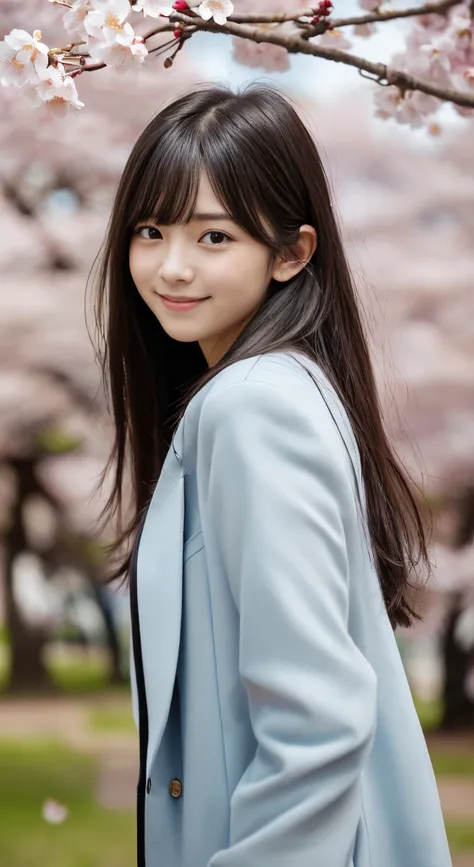 (slender small breasts and long hair,,,,,,,,、Close up portrait of one girl with dull bangs in spring coat and shirt :1.5)、(Low angle shot of a girl dancing happily、the hair flutters with the wind :1.5)、(Rows of cherry blossom trees in full bloom and cherry...