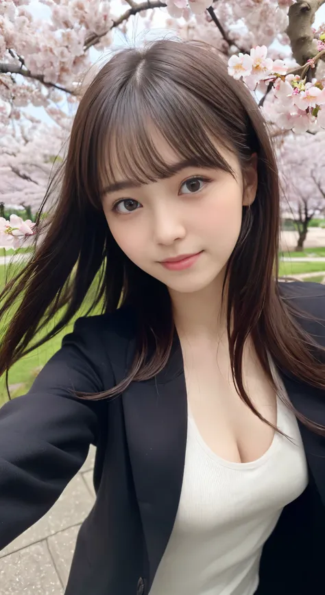 (slender small breasts and long hair,,,,,,,,,,、Close up portrait of one girl with dull bangs in spring coat and shirt :1.5)、(Low angle shot of a girl dancing happily、the hair flutters with the wind :1.5)、(Rows of cherry blossom trees in full bloom and cher...