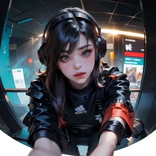 ( Masterpiece, best quality:1.3, fisheye:1.4 ), backlit, soft light, extremely high detailed, intricate, 8K, HDR, cinematic lighting, below pov:1.8, (( cyberpunk night street:1.4, touching against pov, looking at viewer )), ryujin, narrow face, strong jaw,...