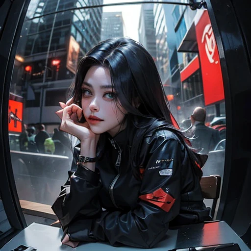 ( Masterpiece, best quality:1.3, fisheye), backlit, soft light, extremely high detailed, intricate, 8K, HDR, cinematic lighting, watching from top, (( cyberpunk night street:1.4, touching against pov, looking at viewer )), ryujin, narrow face, strong jaw, ...