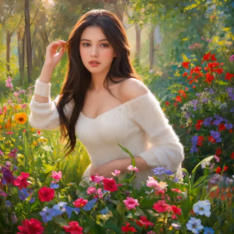 relajada, serene expression, vestida elegante, colorful flower garden, warm light, painting oil painting, detalles finos en las flores, tonos suaves, foco nítido, high-definition picture quality, estilo retrato., Mujer, desnuda, mostrando las tetas y la va...