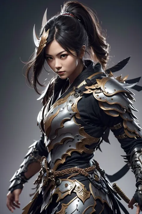 1 girl, muscular, tall, beautiful, humanoid, japanese armor style , dynamic pose, katana on the side