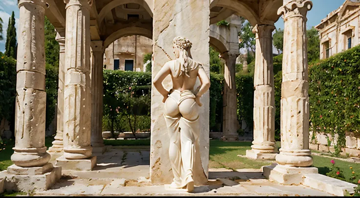 female sculpture with full body and back in the Greek style of plaster in white, with a garden in the background, ultra realistic, 4k quality, cinematic