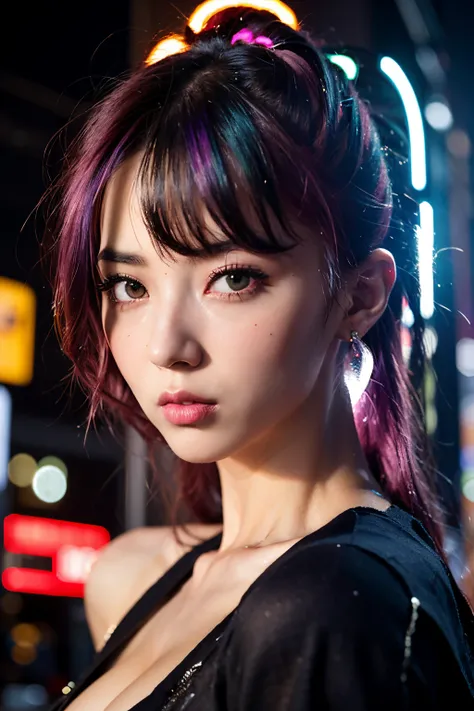 1girl, cabelo criativo, rainbow hair, ruas da cidade, olho de peixe, neon cold lighting, cyberpunk, blush, tiro da cintura, detalhes detalhados do rosto, dinamic pose, luzes de neon