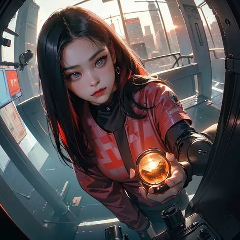 ( Masterpiece, best quality, cinematic lighting, backlit, side light, soft light, fisheye:1.2 ), overhead pov, ( cyberpunk night street:1.2, extending hand against pov, looking at viewer), ryujin, narrow face, plump cheeks, cybernetic arm, dark hair with r...