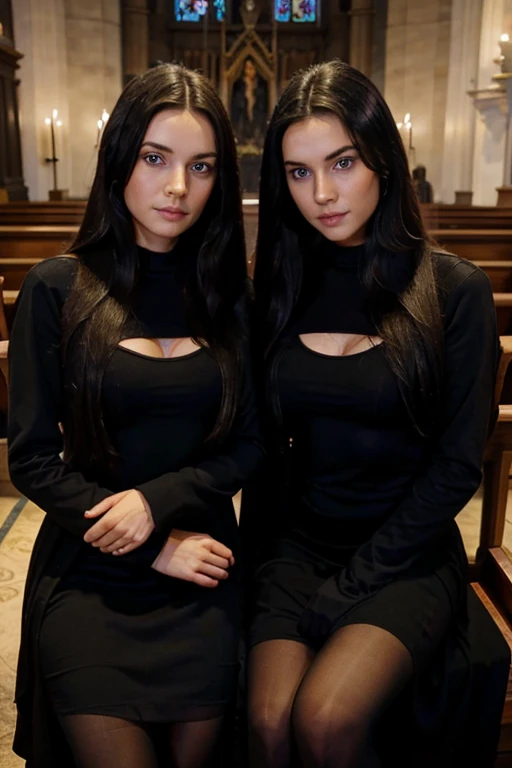 two sisters, british, long hair, black hair, blue eyes, witches, sexy, in church full body