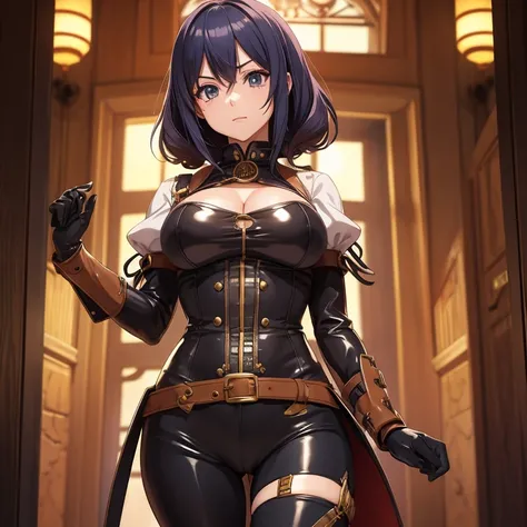 Image of an anime girl wearing very tight Steampunk clothing looks cruel and sadistic.