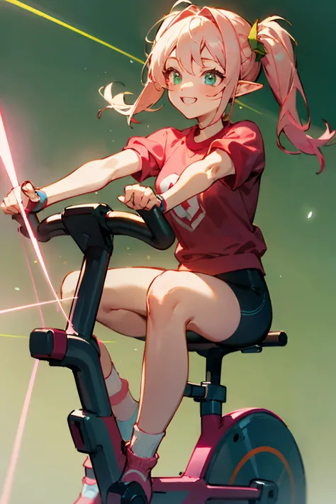 Anime style, Painting, perfect anatomy, Gym girl, braided neon pink pigtails, exercising on a spin bike, looking at the camera, dressed as a naughty Christmas elf, green and red socks, green gym gear with red trimmings Christmas background with neon laser ...