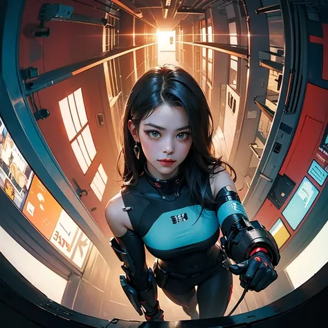 ( Masterpiece, best quality, cinematic lighting, backlit, side light, soft light, fisheye:1.2 ), (( high angle shot overhead pov )), ( cyberpunk night street:1.2, extending hand towards pov overhead, looking at viewer), ryujin, narrow face, strong jaw,  pl...