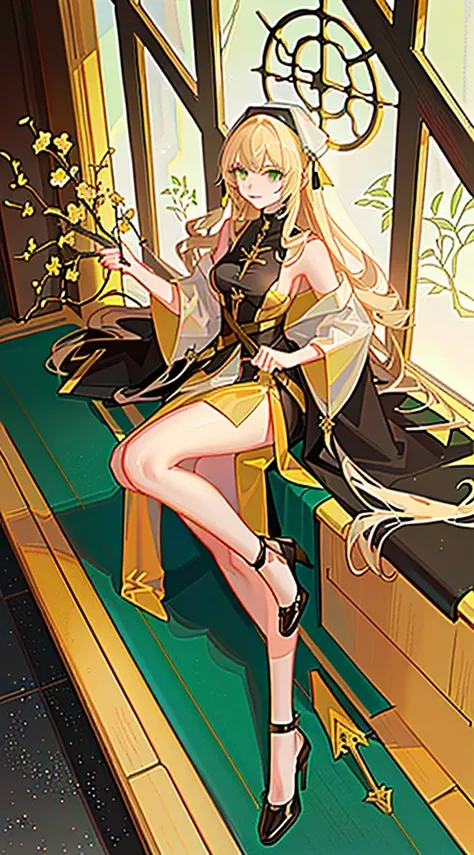 ((Best Quality)), ((masutepiece)), (Detailed), Full body like, Perfect face, very beautiful seductive woman, a blond, loose wavy hair, semi long hair, Green eyes, Beautiful breasts, Saint a girl, white clergy robes, Gold decoration, slit