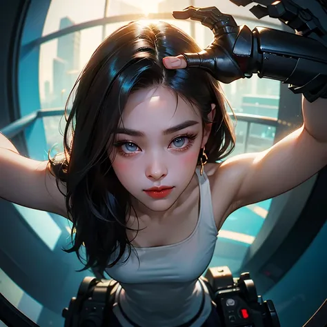 ( Masterpiece, best quality, cinematic lighting, backlit, side light, soft light, fisheye:1.2 ), (( high angle shot overhead pov )), ( cyberpunk night street:1.2, extending hand towards abover her head pov overhead, looking at viewer), ryujin, narrow face,...