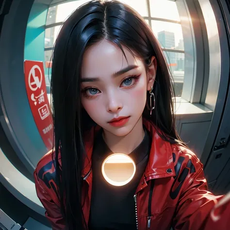 ( Masterpiece, best quality, cinematic lighting, backlit, side light, soft light, fisheye:1.2 ), (( high angle shot overhead pov )), ( cyberpunk night street:1.2, extending hand towards abover her head pov overhead, looking at viewer), ryujin, narrow face,...