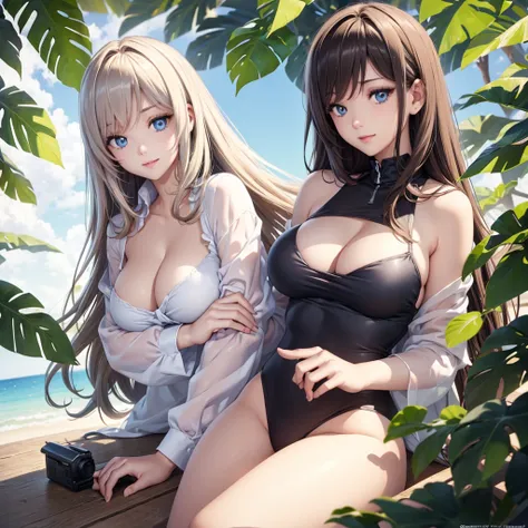 1girl in, animesque, Bethel, Blue eyes, Moist eyes, bbw, large full breasts, Long hair, brown haired, Hair over one eye, Bangs, One ear is visible, Attractive swimwear, Big shirt, Solo, Unbuttoned shirt, cleavage of the breast, beautifull hands, perfect ha...