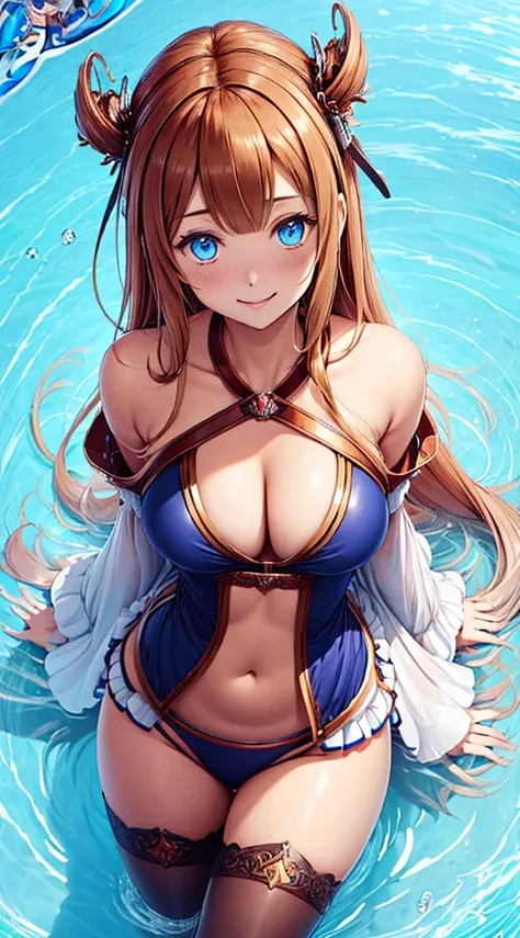 1girl in, animesque, Bethel, Blue eyes, Moist eyes, bbw, large full breasts, Long hair, brown haired, Hair over one eye, Bangs, One ear is visible, Attractive swimwear, Big shirt, Solo, Unbuttoned shirt, cleavage of the breast, beautifull hands, perfect ha...