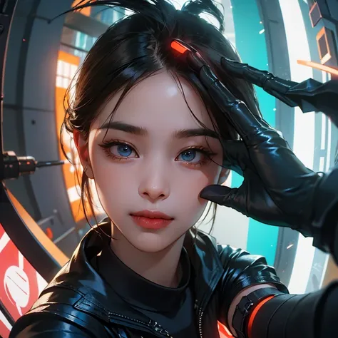 ( Masterpiece, best quality, cinematic lighting, backlit, side light, soft light, 24mm lens, fisheye:1.2 ), (( high angle shot overhead pov )), ( cyberpunk night street:1.2, extending hand towards abover her head pov overhead, looking at viewer), ryujin, n...