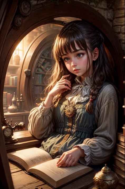 "Photorealistic painting, ((captivating)) scene of a girl absorbed in reading, antique books, cozy hobbit cave, intricate clock with moving gears, ((nostalgic)), detailed, warm palette"