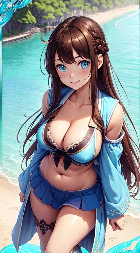 1 girl, anime-like, Bethel, blue eyes, moist eyes, chubby, big plump breasts, long hair, brown hair, hair over one eye, bangs, one ear showing, large shirt, solo, shirtless Unbuttoned, cleavage, beautiful hands, flawless hands, white shirt, leaning forward...