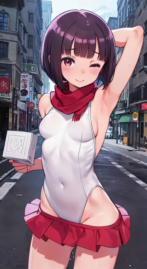 (Perfect body),Best Quality,16 K、((((Short stature))))、((((Lori))))、(white leotard)、(Red mini skirt)、(White panty)、(((blush)))、:D、One eye is closed、I have my mouth wide open、Blunt bangs、(short-hair)、(((bob cuts))),(Sweat)、((red scarf))、((Big ass))、(((huge...