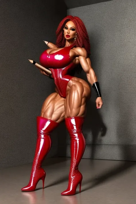 light skinned black woman bodybuilder with big muscle wearing fishnet lingerie, (((full body))), ((red latex boots)), (((pencil heels)))