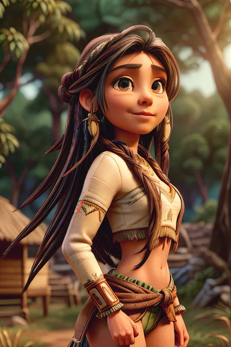 (grainy:0.5), cinematic, woman, native american woman, (fantasy), detailed eyes, detailed face, detailed (sexy skimpy) native american clothing , volumetric lighting, dusk, extremely detailed background, standing next to tree, smiling, half closed eyes, ti...